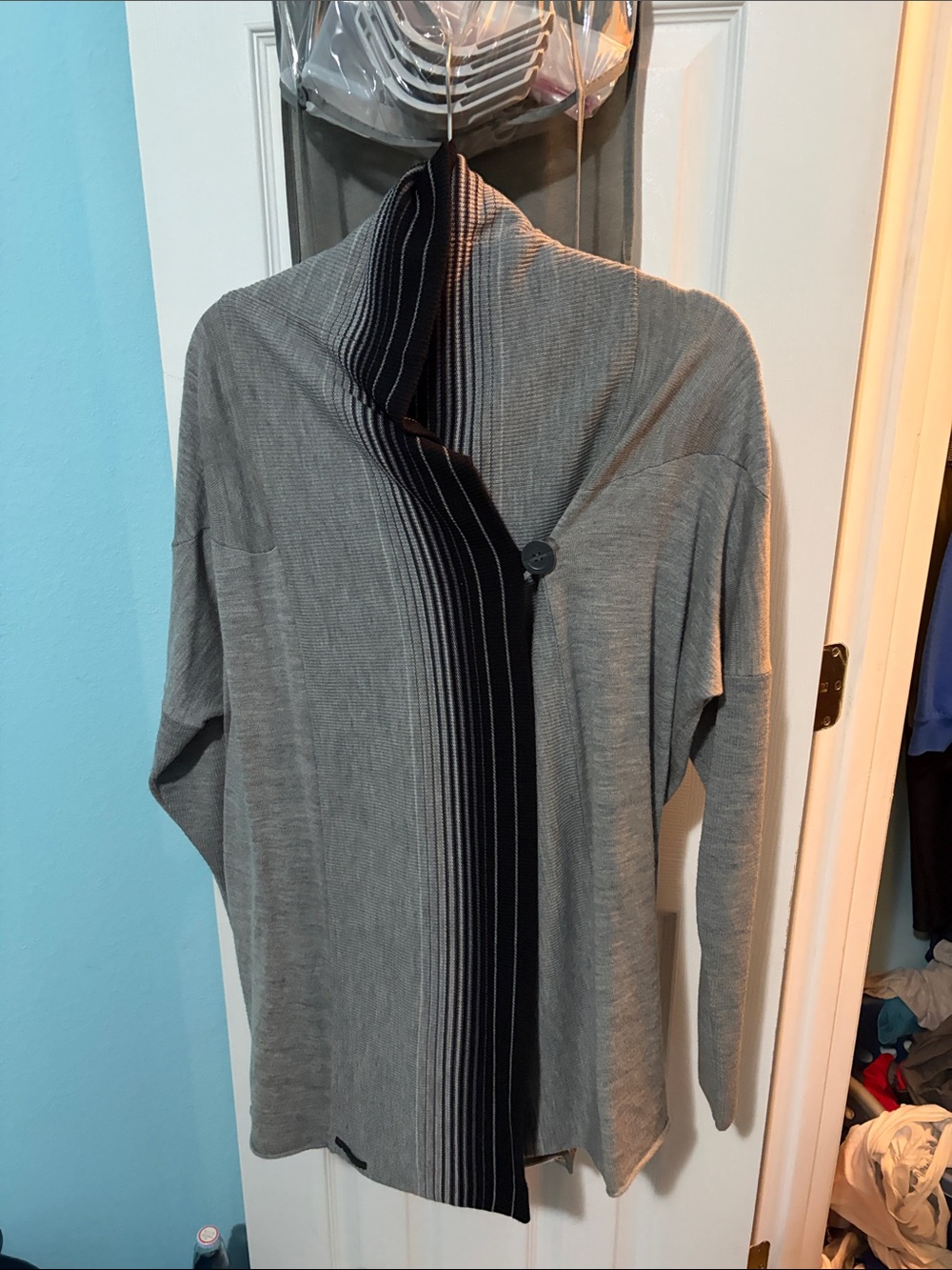 Icebreaker Gray Cardigan with Black Stripe Detail